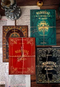 Detailed macro view of vintage medieval style decorative papers with ornate gold patterns