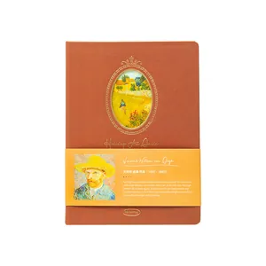 Vincent Van Gogh themed hardcover notebook with brown leather-texture cover and art guide.
