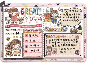 Creative planner layout featuring cute girl and strawberry washi tape stickers decor