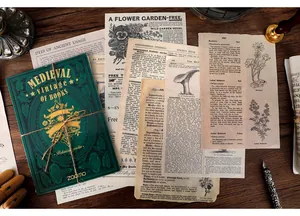 Detailed macro view of vintage medieval style scrapbook decorative paper sheets