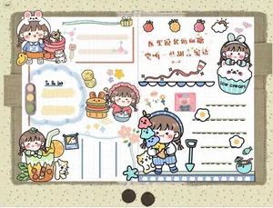 Cute cartoon girl washi tape stickers for DIY journaling decoration close-up view