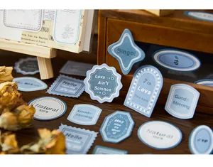 Detailaufnahme vintage blauer englischer Scrapbooking-Aufkleber mit Deko-Rahmen