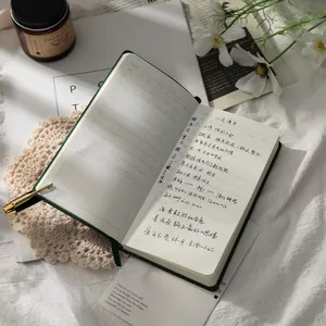 Hardcover leather notebook planner journal with handwritten pages on elegant desk setup