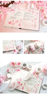 Detail of pink dreamy washi tape with cute girl illustrations on journal pages