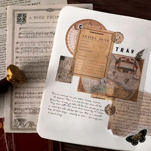 Vintage aesthetic scrapbooking paper with old book pages and travel plan designs