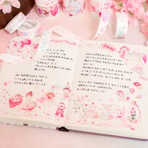 Dreamy pink washi tape set featuring cute illustrations for DIY journaling and decoration