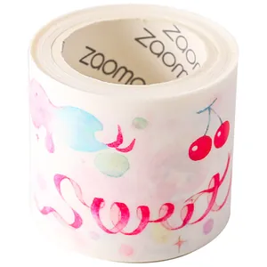 Decorative pastel watercolor washi tape roll with sweet cherry and ribbon script design