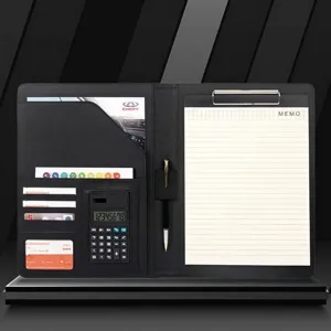 Cartella Portfolio Business in Pelle PU Con Calcolatrice e Blocco Note A4 Organizzatore di Documenti per Riunioni in Ufficio