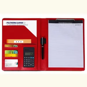 Cartella business A4 in pelle rossa con calcolatrice e blocco note professionale