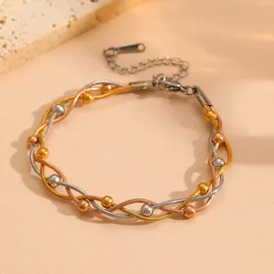 Three-layer multi-color braided snake chain bracelet with metal beads for women fashion jewelry