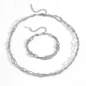 Stainless steel multi-layer snake chain bracelet necklace set with bead charms for women.