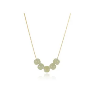 Close-up detail of S925 silver necklace featuring five pale green Hetian jade beads