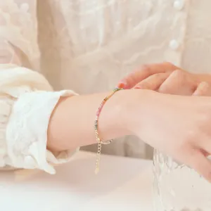 Dainty 2mm rainbow tourmaline beaded bracelet with 14k gold gradient minimalist jewelry