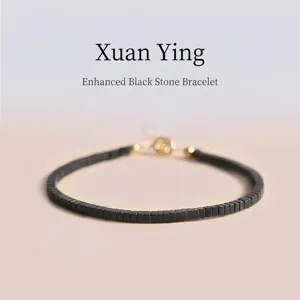 Bracciale Vintage in Pietra Nera e Quarzo Fumè Perle Quadrate Per Donna Uomo Chiusura Riempita in Oro 14K Pendente a Cuore Gioielli Regalo
