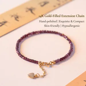 Bracciale in granato viola sfaccettato 2mm con catena di estensione a cuore in oro 14K