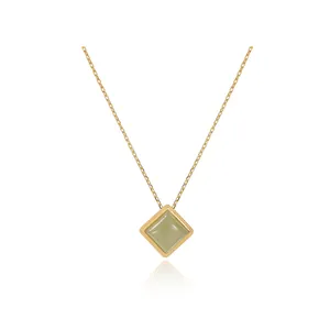 Minimalist S925 Sterling Silver Nephrite Jade Sugar Cube Pendant Necklace For Women Light Luxury Gold Plated Geometric Oriental Jewelry Gift