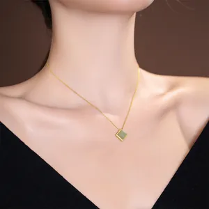 Elegant S925 gold necklace with square green Hetian jade pendant for women