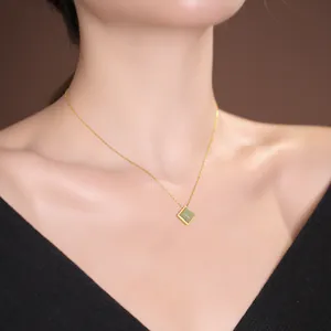 Square sugar cube Hetian green jade pendant on elegant gold plated S925 silver chain