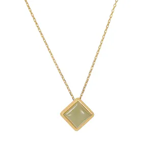 Elegant gold plated S925 silver necklace featuring a square pale green jade pendant.