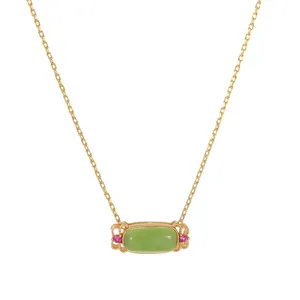 Elegant vintage S925 sterling silver necklace featuring a green Hetian jade pendant with pink stones