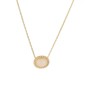 Elegant gold-plated S925 silver necklace with oval pearl and white stone pendant.