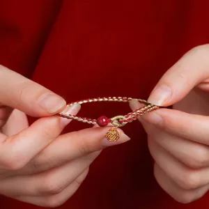 Handgeweven Rood Koord Armband Met Cinnaber Kralen 925 Sterling Zilver Lotus Hanger Succescadeau Voor Dames Heren Sieraden