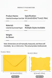Mini yellow stationery set including envelope and wavy card with detailed dimensions
