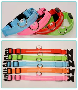 USB rechargeable LED dog collar, luminous nylon pet safety collar with D-ring and quick release.