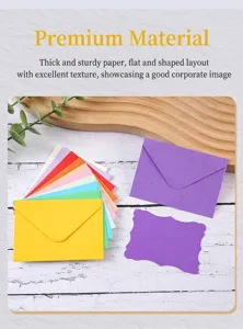 Close-up of colorful mini envelopes and wavy-edged blank cards on a rustic background