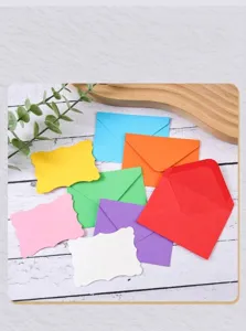 Detailed look at colorful mini envelopes and scalloped blank cards for personalized notes