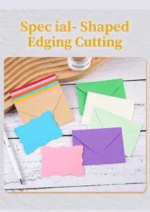 Close-up detail of colorful stationery envelopes featuring unique scalloped edge cards.