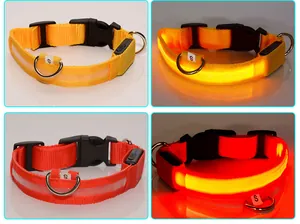 Detailed view of USB rechargeable LED pet collar with glowing light, adjustable nylon strap, S size.
