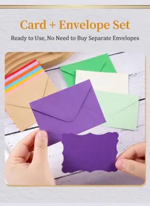 Close-up of a purple envelope and matching scalloped-edge card set held by hands.