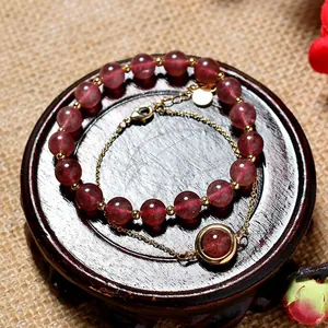 Double Layer Strawberry Quartz Bracelet For Women Real Gold Plated Copper Natural Stone Beaded Hand Chain Jewelry Set