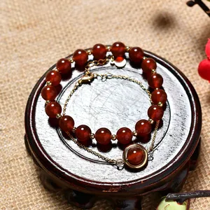 Double-layer red agate bead bracelet with gold chain and round pendant for women, lucky jewelry