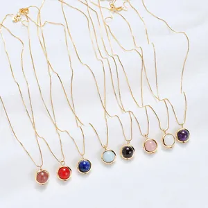 Set of minimalist gold necklaces featuring colorful round gemstone pendants for women