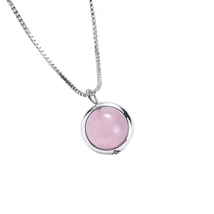 Minimalist silver necklace with round pink strawberry quartz pendant for women