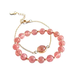 Elegant double layer strawberry crystal bracelet with gold chain and beads for women