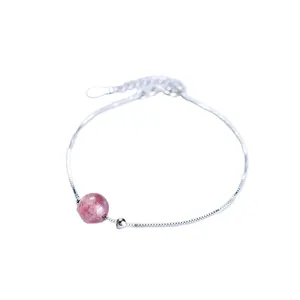 Elegant minimalist silver snake chain bracelet featuring a pink strawberry crystal bead for women