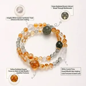 Pulsera de cristal natural con citrina, amuleto Pixiu y cuarzo rutilado verde.