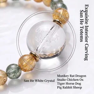 Pulsera de cuarzo rutilado amarillo natural con cuenta de cristal blanco grabada del zodiaco.