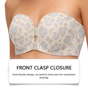 Strapless push-up gathering bra with front clasp and heart leopard print for daily wear.