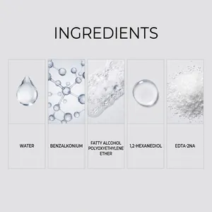 Vue détaillée des ingrédients du nettoyant anticalcaire: eau, benzalkonium et éther gras.