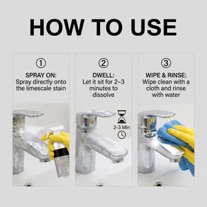 Guide d'utilisation en trois étapes du spray de nettoyage anticalcaire sur robinet