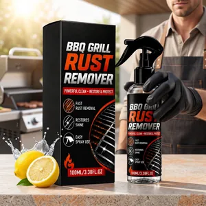 Close-up of 100ml BBQ grill rust remover spray bottle and box on outdoor counter