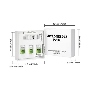 Detailed measurements and box dimensions for hair thickening kit with microneedle roller