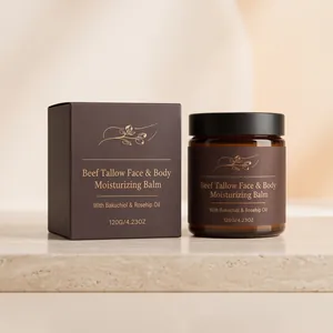 Detail of beef tallow moisturizing balm packaging with bakuchiol and rosehip oil. (85 chars)