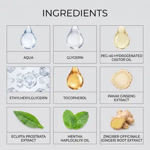 Detailed hair serum ingredient list including ginger, ginseng and mentha extracts
