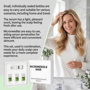 Detailed view of hair thickening serum bottles, microneedle device and white box