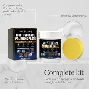 Detailed view of multi-surface polishing paste kit including jar and applicator sponge
